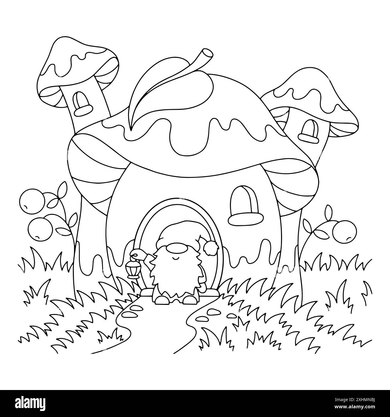 Maison champignon et gnome de jardin. Page de livre de coloriage pour les enfants. Personnage de style dessin animé. Illustration vectorielle isolée sur fond blanc. Illustration de Vecteur