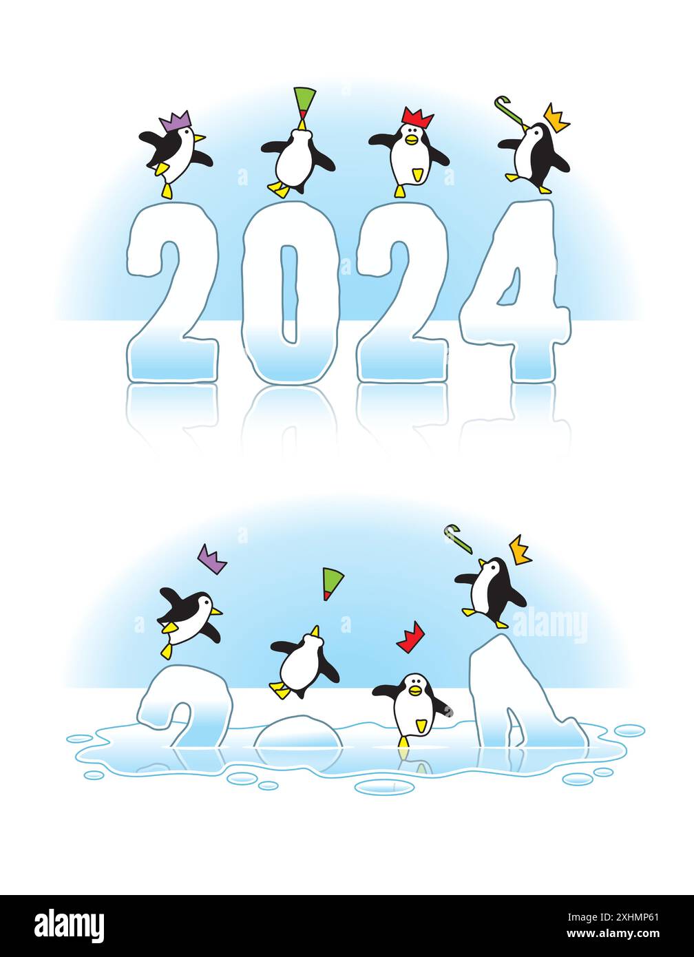 Quatre pingouins de fête portant des chapeaux en papier dansant sur des sculptures de glace glissantes 2024 fondant à travers la calotte glaciaire arctique en raison du réchauffement climatique Illustration de Vecteur