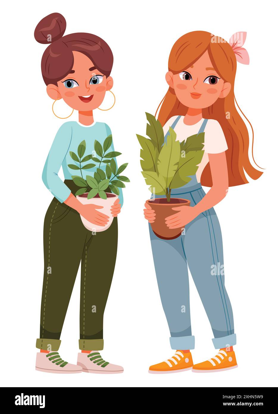 Joyeuses filles de jardinier de dessin animé avec des plantes dans leurs mains. Jardin à la maison, jardinage, concept d'amoureux des plantes. Illustration de Vecteur