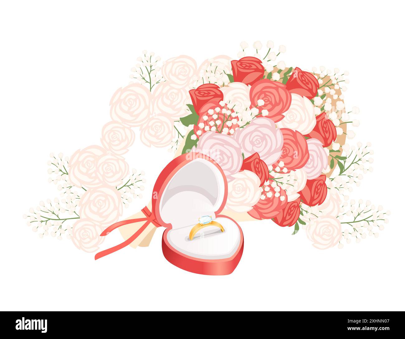 Boîte en forme de coeur de mariage rouge avec un anneau doré et un bouquet de fleurs, illustration vectorielle isolée sur un fond blanc. Illustration de Vecteur