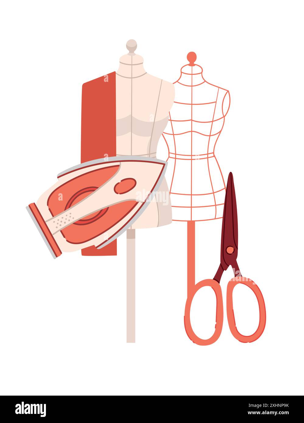 Un fer rouge, une paire de ciseaux et un mannequin. Concept de mode pour l'industrie de couturière, atelier de vêtements ou passe-temps. Illustration vectorielle isolée sur wh Illustration de Vecteur