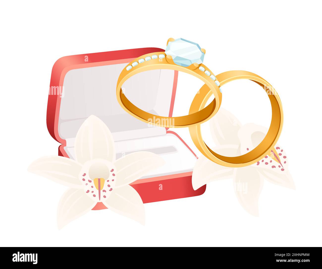 Boîte de forme carrée de mariage rouge avec des anneaux dorés et une fleur, illustration vectorielle isolée sur un fond blanc. Illustration de Vecteur