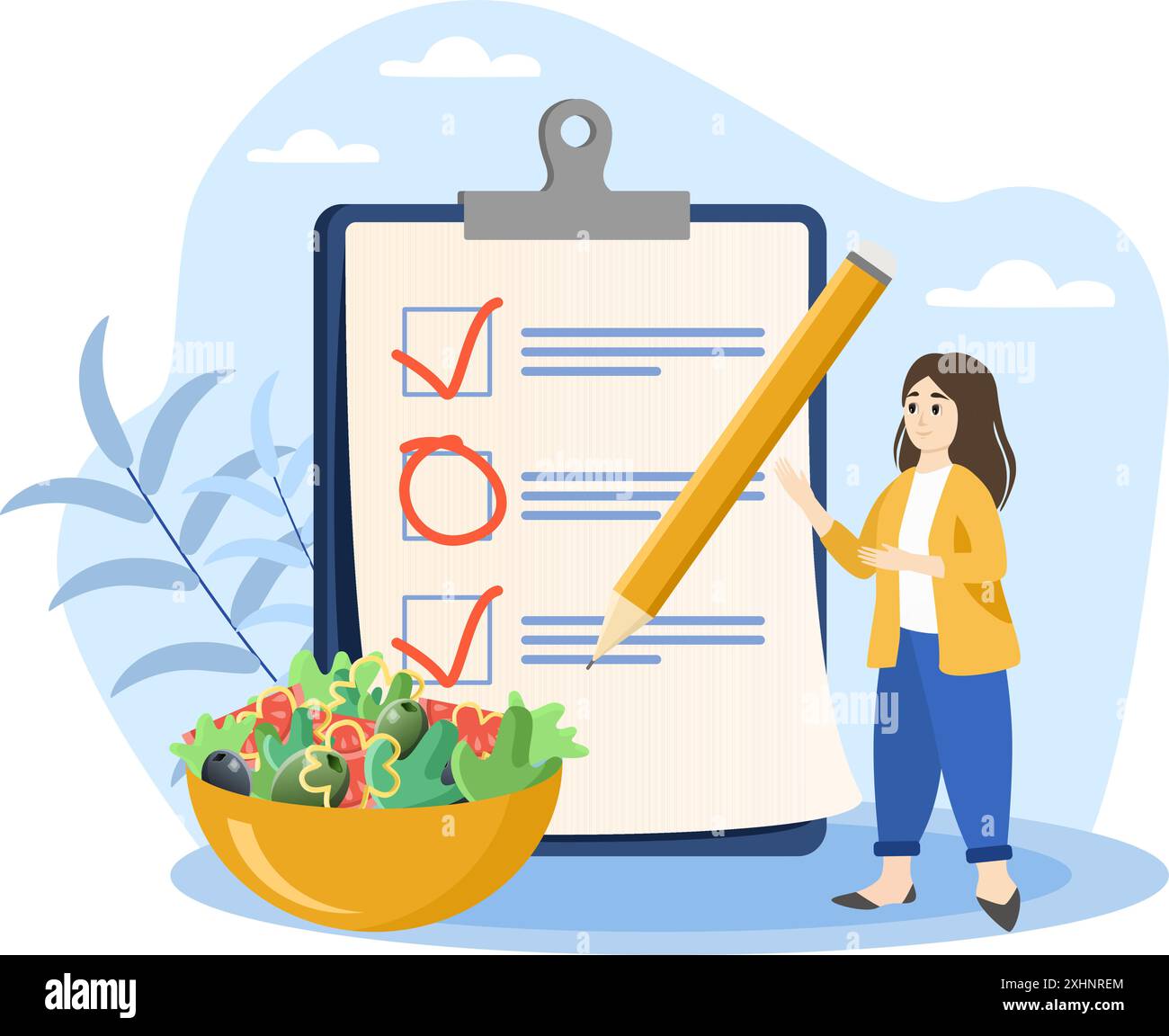Nutritionniste créant un plan d'alimentation saine avec liste de contrôle et salade fraîche Illustration de Vecteur