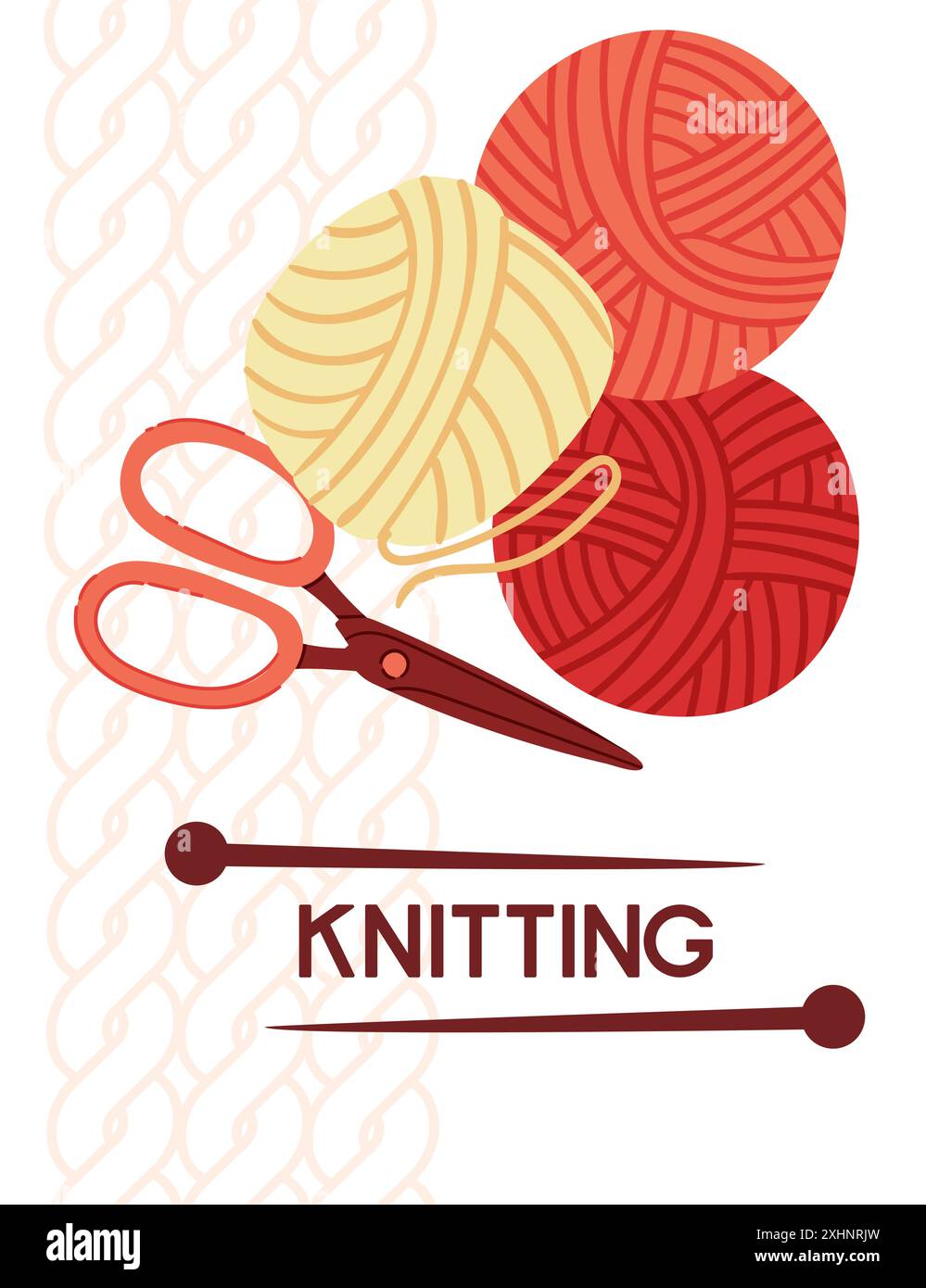 Conception de bannière de tricot, style rétro en couleur rouge. Ciseaux et boules de laine. Illustration vectorielle sur fond blanc. Illustration de Vecteur