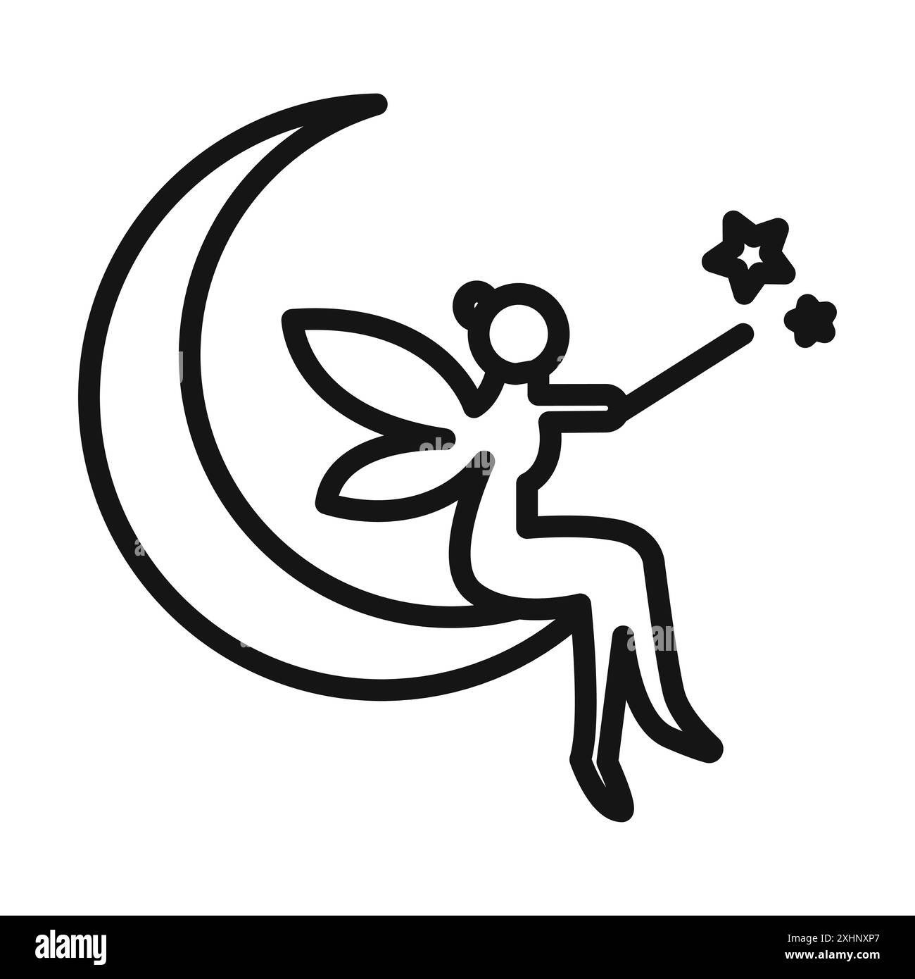 Fée assise sur l'icône de lune vecteur d'art de ligne noire en noir et blanc contour set signe de collection Illustration de Vecteur
