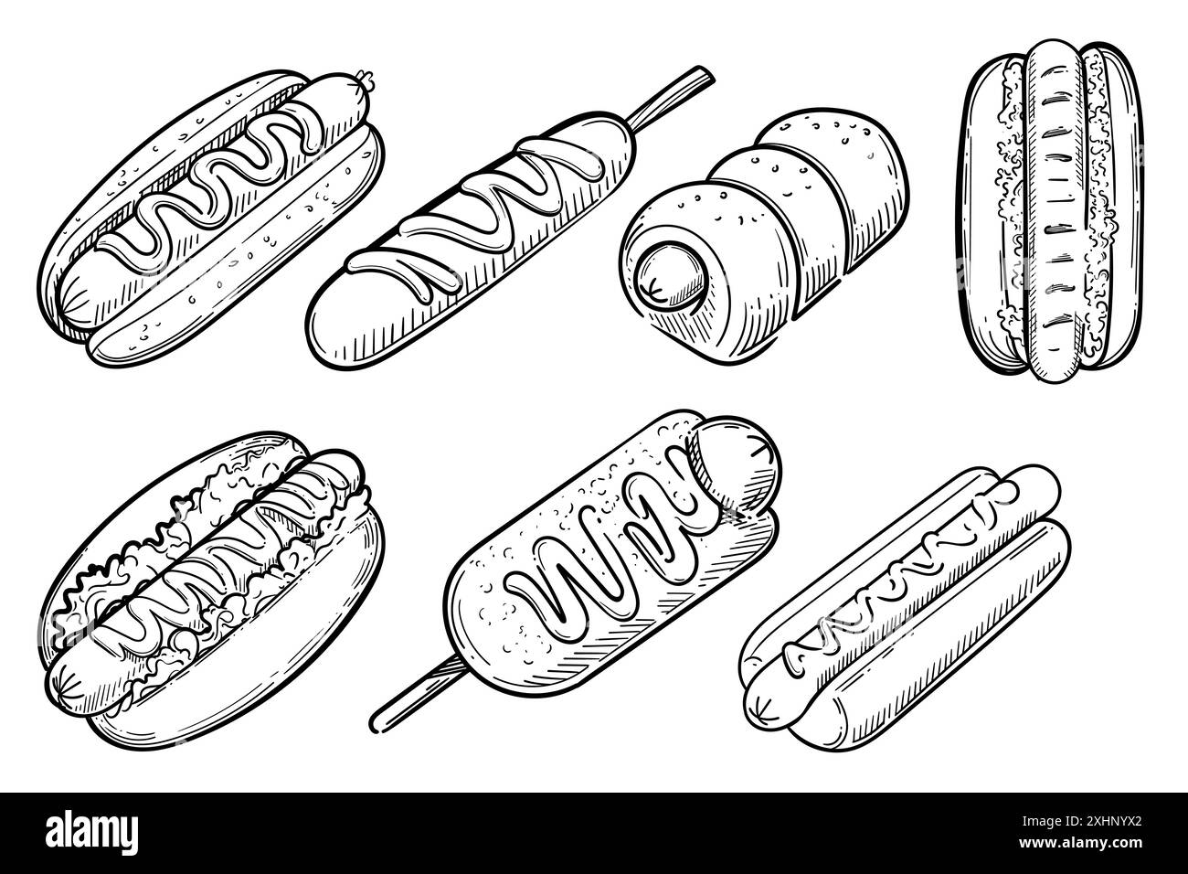Ensemble de hot-dogs dessinés à la main dans divers styles, illustration vectorielle monochrome d'esquisse isolée sur fond blanc. Illustration de Vecteur