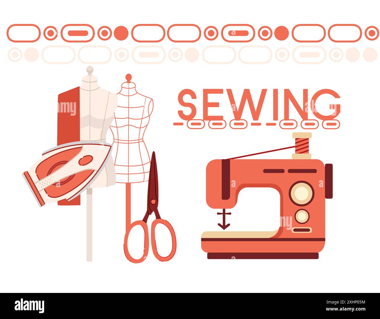 Conception de bannière de couture. Machine à coudre rouge rétro avec écheveau de fil et mannequin factice. Équipement vintage pour passe-temps ou couturier. vecteur illust Illustration de Vecteur