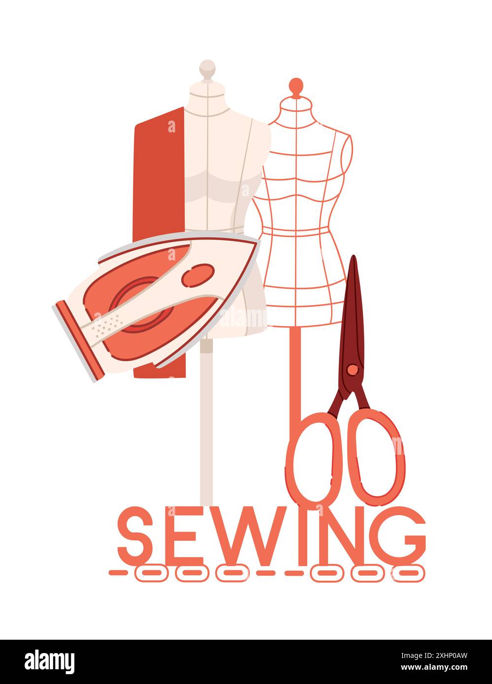 Conception de bannière de couture. Machine à coudre rouge rétro avec écheveau de fil et mannequin factice. Équipement vintage pour passe-temps ou couturier. vecteur illust Illustration de Vecteur