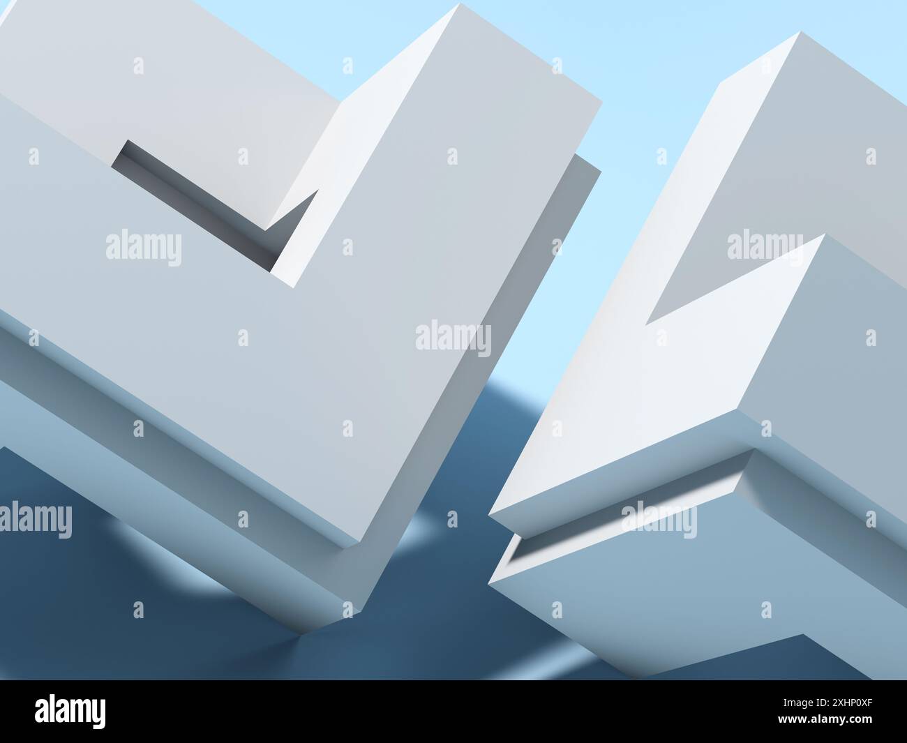 Les objets géométriques abstraits low-poly blancs sont sur fond bleu clair avec des ombres douces. illustration de rendu 3d. Banque D'Images