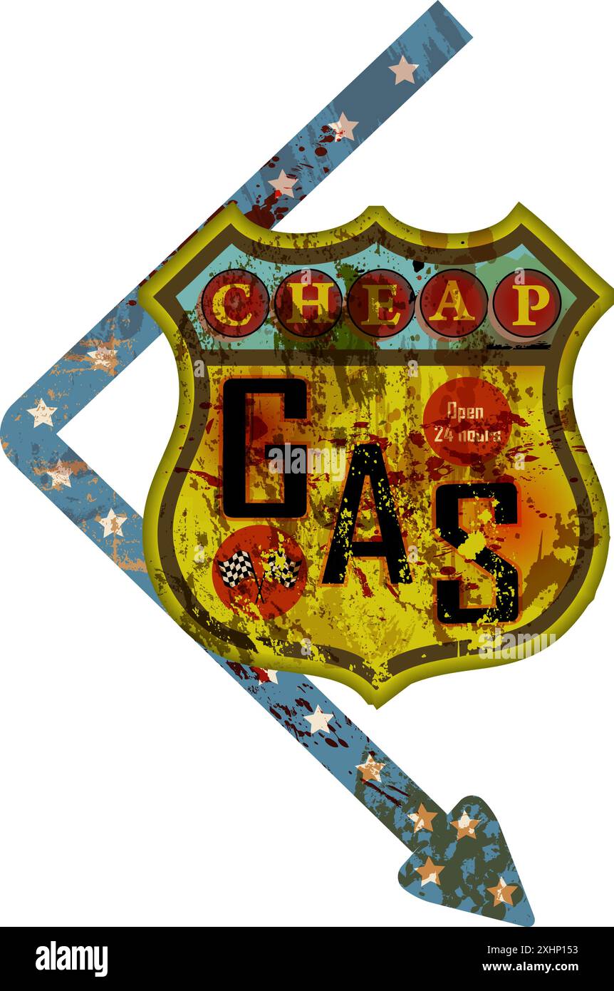 Vintage super grungy station-service américaine signe, rétro vieilli et l'illustration de vecteur d'altération Illustration de Vecteur