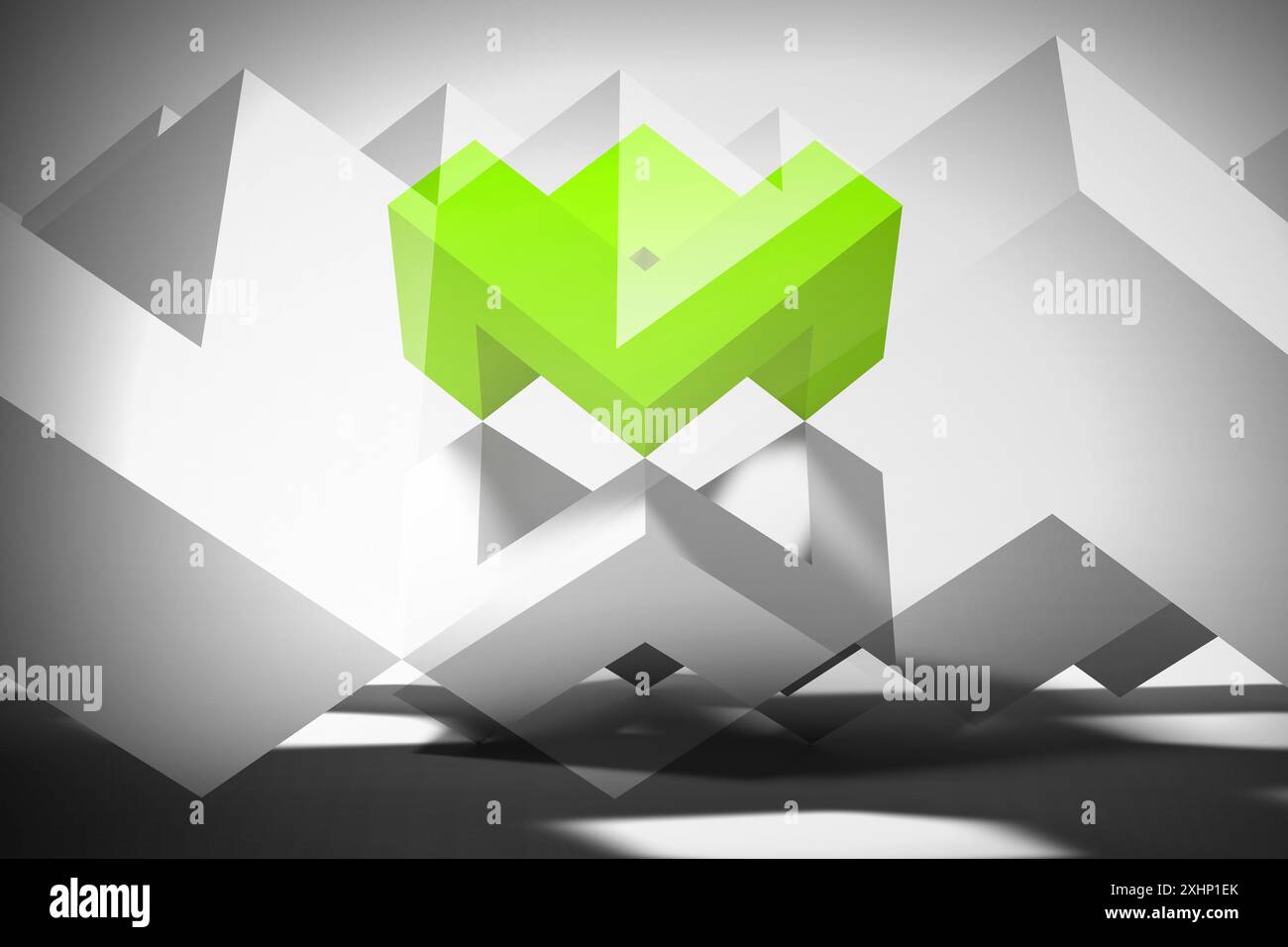 Fond géométrique abstrait, avec des structures low-poly blanches et vertes vives. illustration de rendu 3d. Banque D'Images