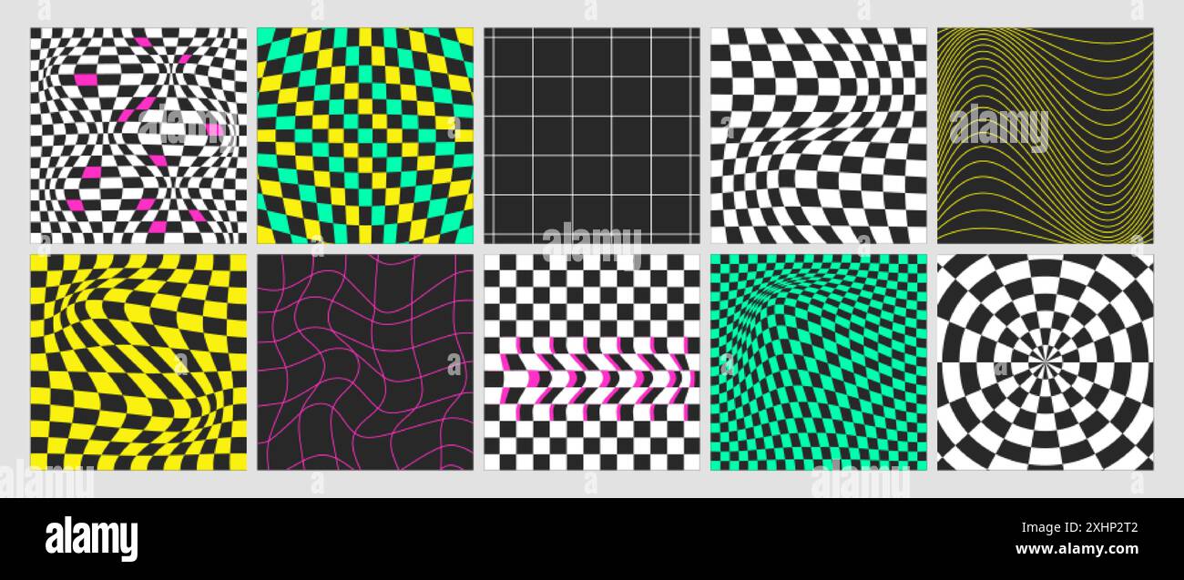 Fond coloré en damier psychédélique carré avec tuile de grille déformée, spirale ou tourbillon. Motif géométrique sans couture à carreaux dans le style groovy y2k. Couvertures d'échiquier déformées avec effet de distorsion Illustration de Vecteur