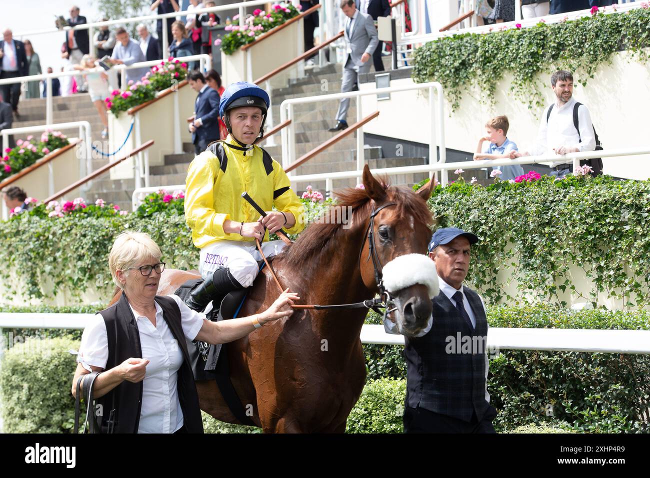 Ascot, Berkshire, Royaume-Uni. 13 juillet 2024. Horse Embesto monté par le jockey Ray Dawson remporte une place dans le Anne Cowley Memorial Summer Miles Stakes à l'hippodrome d'Ascot dans le Berkshire au Summer Mile Family Raceday. Propriétaire Sheikh Ahmed Al Maktoum, entraîneur Roger Varian, Newmarket, éleveur Deerfield Farm. Crédit : Maureen McLean/Alamy Banque D'Images