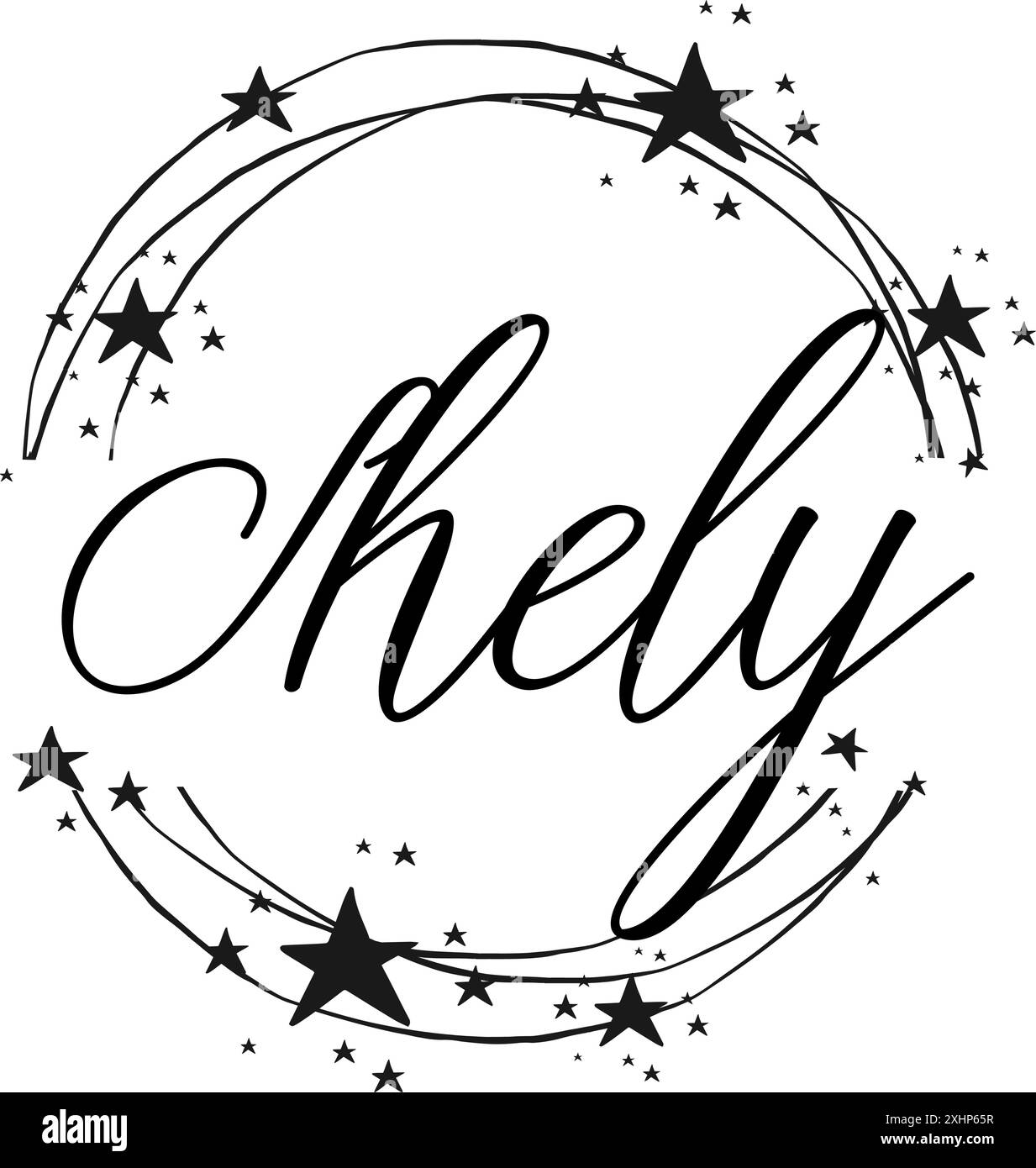 Shely - nom écrit entre les cercles et les étoiles, logo rond, graphiques vectoriels pour les fêtes et la période de Noël, bannières, cartes, sweat-shirt, impressions, Illustration de Vecteur