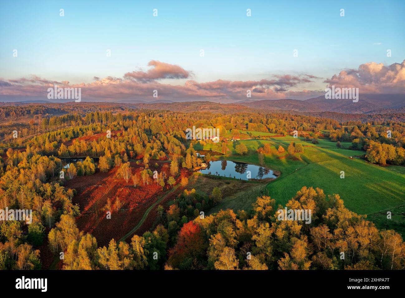 France, haute-Saône, Parc naturel régional des ballons des Vosges, plateau des mille Etangs, plateau des Grilloux, séparation des 1000 étangs entre le lac Banque D'Images