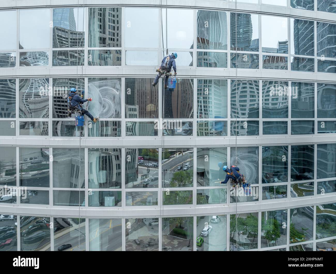 Lave-vitres alpinistes professionnels suspendus dans un harnais tout en nettoyant les vitres sur un immeuble immobilier commercial gratte-ciel Banque D'Images