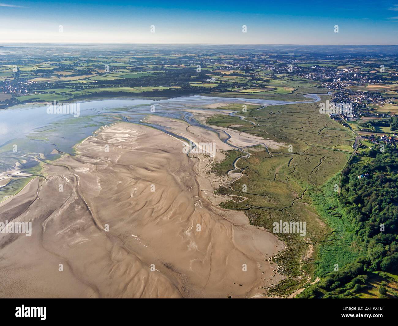 France, Côtes d'Armor, Baie de Saint Brieuc, Réserve naturelle de la Baie de Saint Brieuc, marais maritimes (ou prés salins) de l'Anse d'Yffiniac (voie aérienne v Banque D'Images