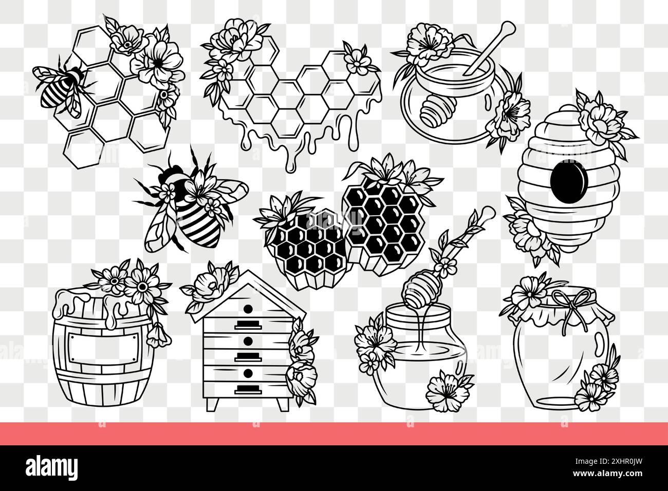 Miel de fabrication d'abeilles près des nids d'abeilles et nid ou pots avec des fûts remplis de sirop. Miel de récolte fraîche, sans sucre ajouté, collecté par l'apiculteur dans le rucher. Gribouille dessinée à la main Illustration de Vecteur