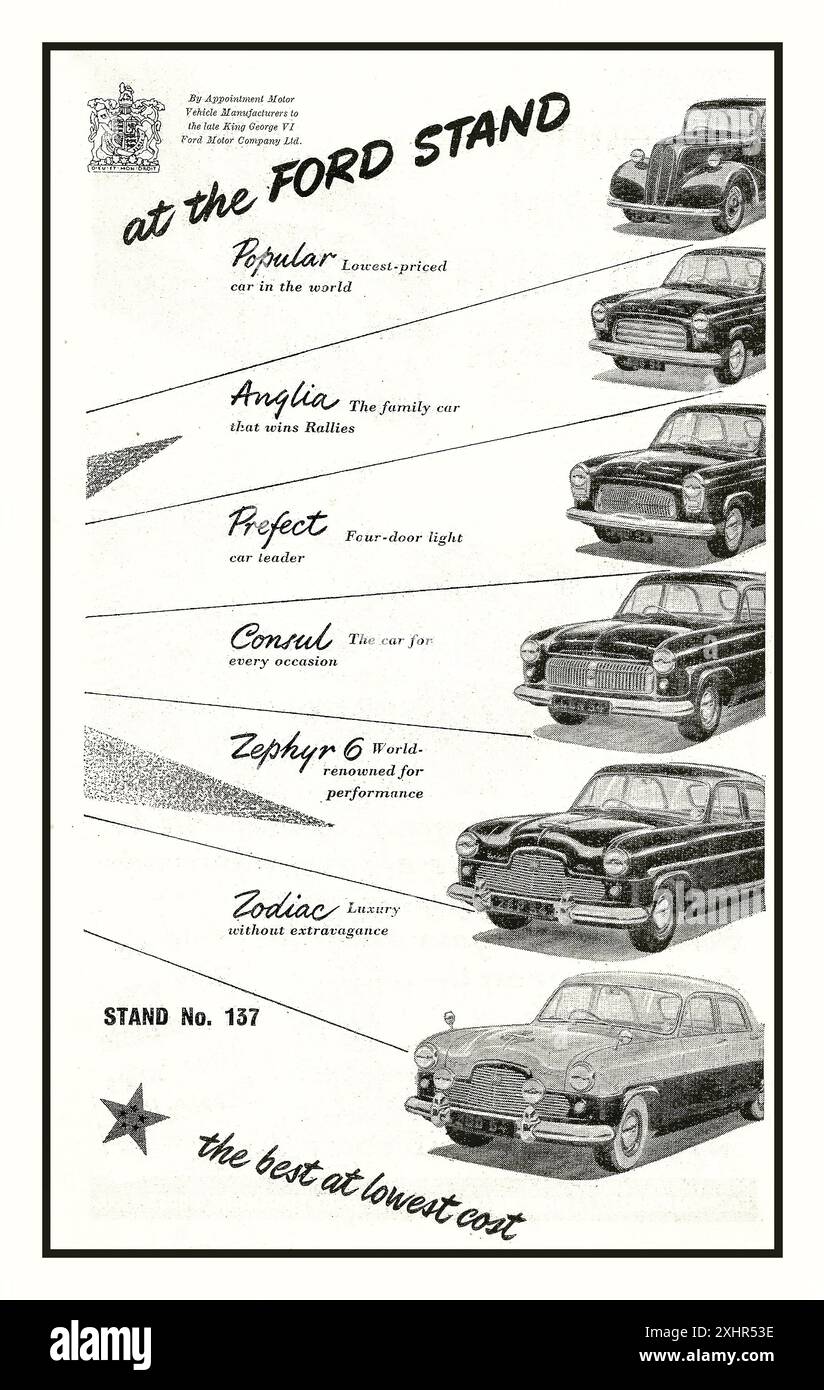 Ford 1954 au salon Earls court Motor Show, avec sa gamme britannique allant du populaire Anglia-Prefect-Consul- Zephyr6-au luxueux Zodiac sur le stand 137 Earls court London UK Banque D'Images