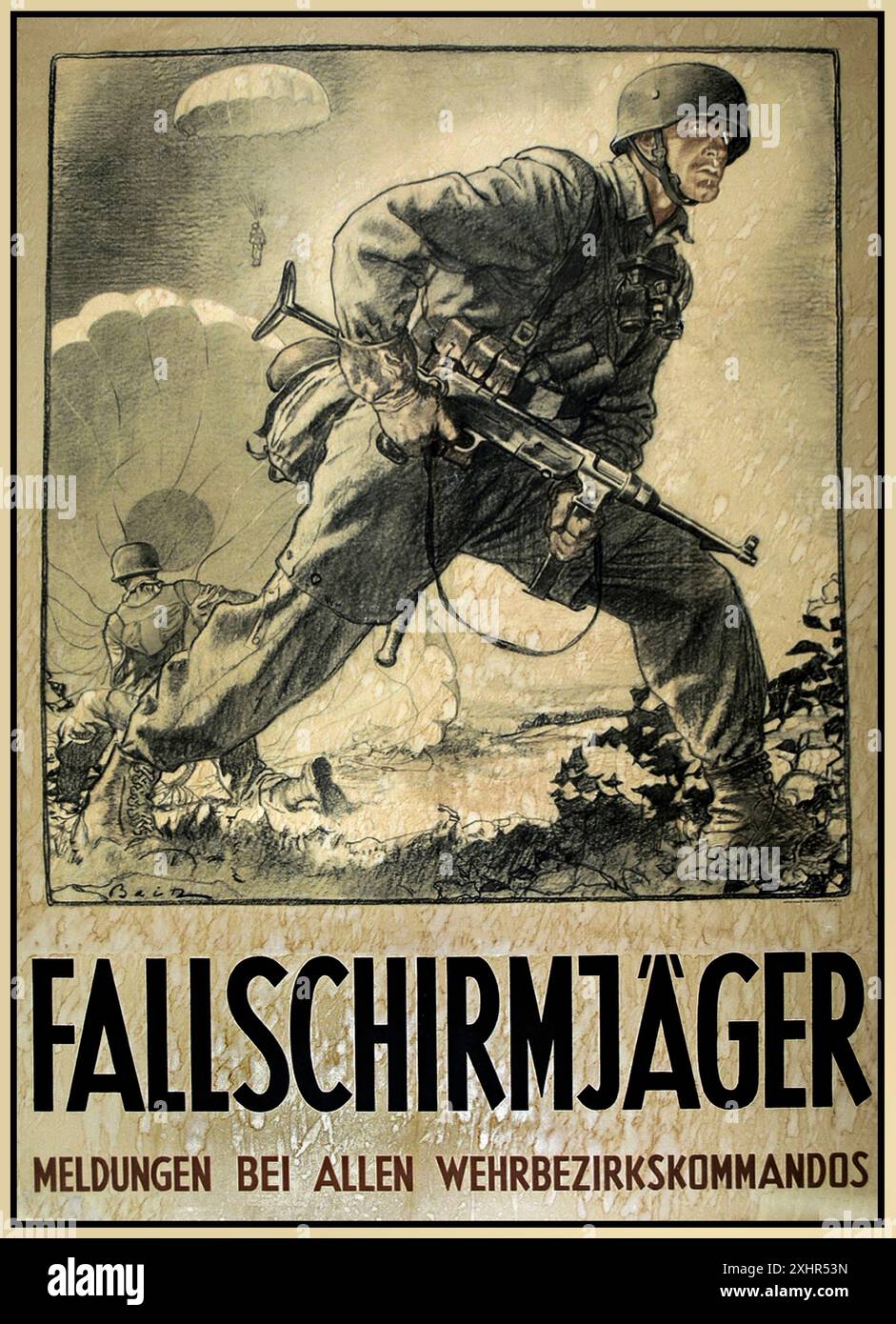 Affiche de recrutement nazi de la seconde Guerre mondiale propagande 'chasseur de parachutistes'. Enrôlez-vous dans le All Army Parachute Recruiting Commandos 1940 seconde Guerre mondiale « FALLSCHIRMJAGER » Banque D'Images