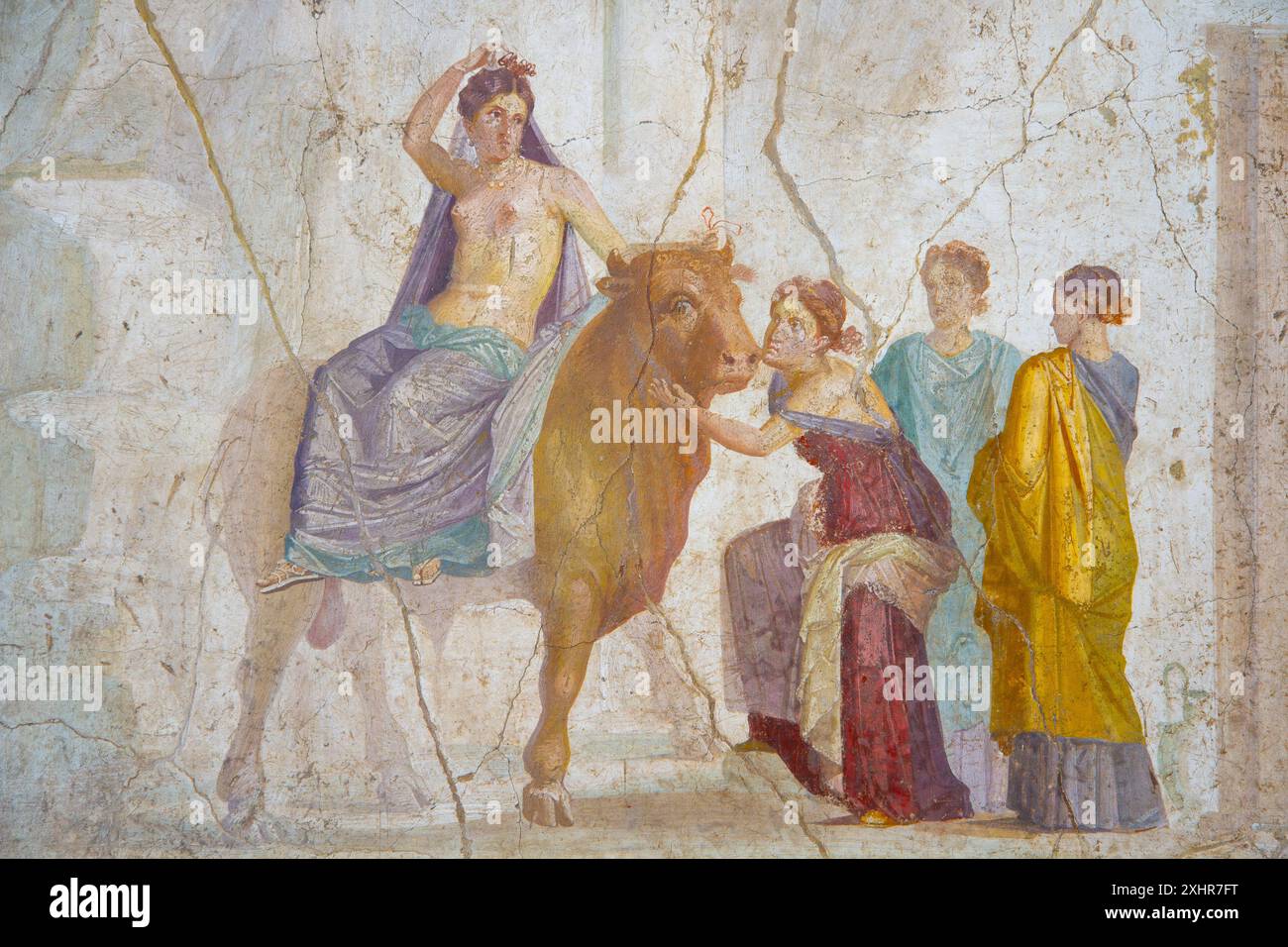 Détail d'Europe sur le taureau ou enlèvement d'Europe fresque de la Maison de Jason à Pompéi. Musée archéologique de Naples. Naples, Italie. Banque D'Images