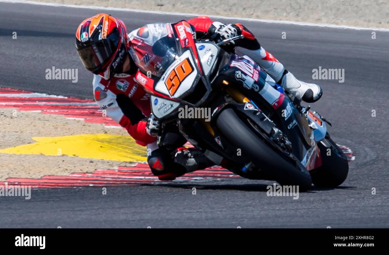 12 juillet 2024 Monterey, CA, U.S.A Rider Bobby Fong Wrench Motorcycles(50)sort du virage 4 lors de la Mission Foods MotoAmerica Superbike Practice 1 à WeatherTech Laguna Seca Monterey, CA Thurman James/CSM Banque D'Images