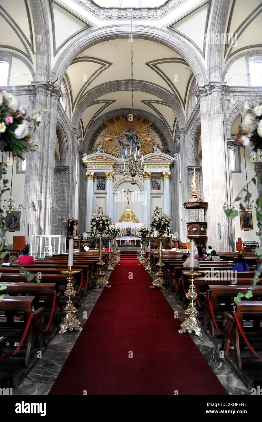 Cathédrale, Zocalo, Mexico, Distrito Federal, Mexique, Amérique centrale, vue intérieure d'une église avec un tapis rouge, des fleurs et un richement Banque D'Images