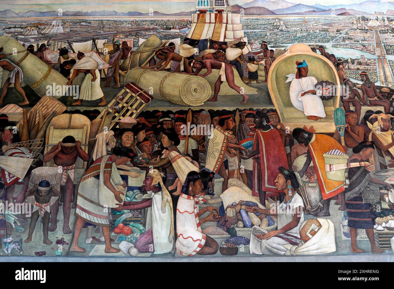 Palacio Nacional, Palais National de Mexico, Mexique, Une murale colorée montre une scène de marché d'une civilisation ancienne avec beaucoup de gens et Banque D'Images