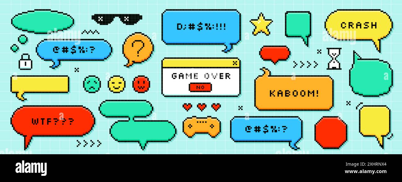 Ensemble de boîtes de dialogue de pixels de couleur de forme différente. Bulles de dialogue de chat, cadres de message, ballons de dialogue avec des mots de jurer dans un style rétro 8 bits. Jeu pixélisé sur, texte kaboom, sourire ou autocollant de coeur Illustration de Vecteur