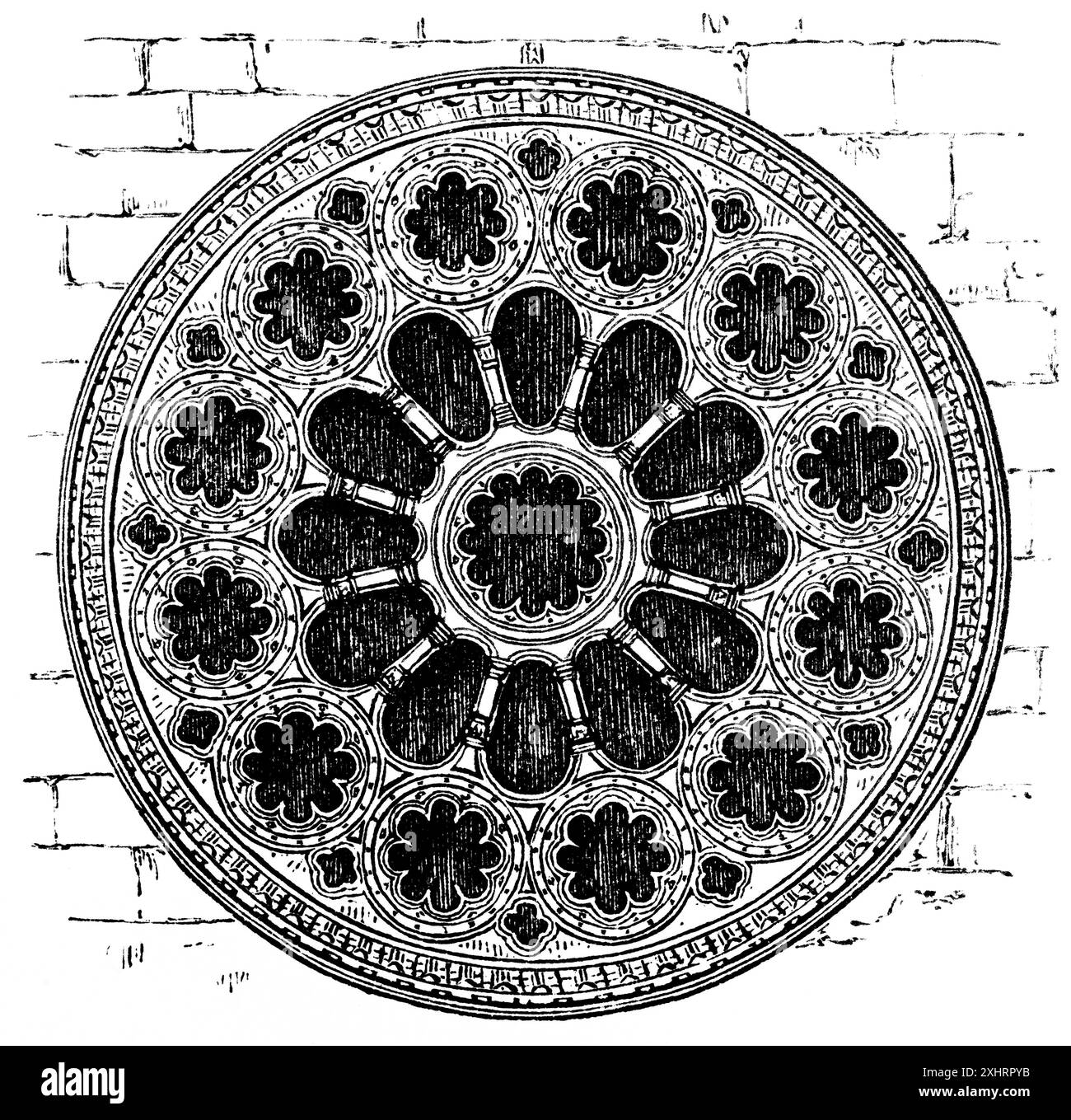 Roue de Sainte Catherine ou rosace, fenêtre de l'église, ronde, point central, secteurs, construction de l'église à l'époque des croisades, historique Banque D'Images