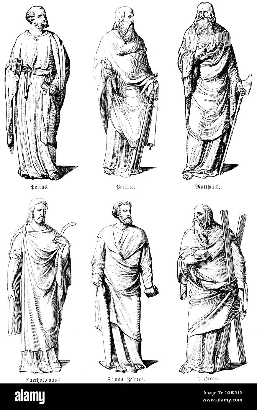 Portraits des apôtres Pierre, Paul, Matthieu, Bartolomeo, Simon Zelotes, André, Bible, Nouveau Testament, Évangile de Luc, illustration historique 1880 Banque D'Images