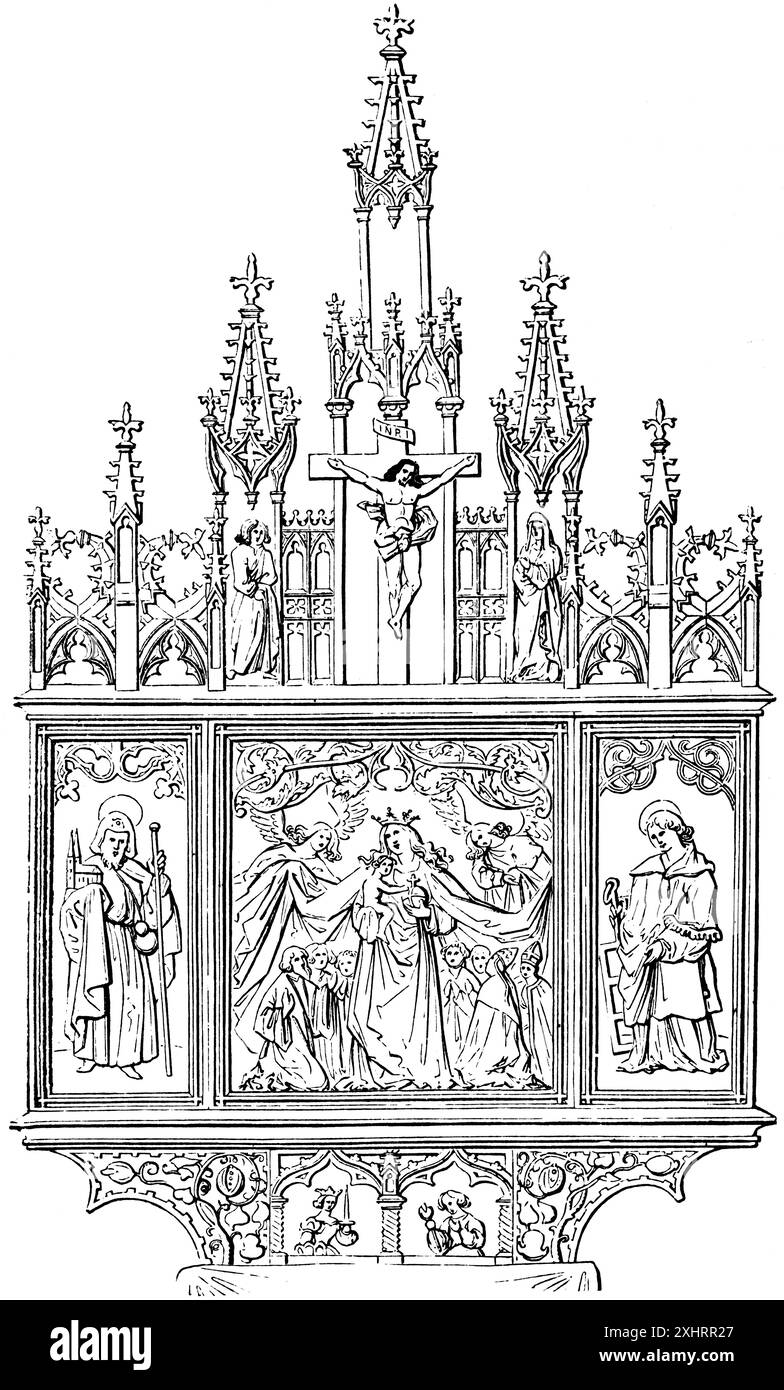 Autel dans le monastère Agustinien ou l'église Augustinienne de Nuremberg, scènes bibliques, crucifixion de Jésus, tripartite, riche ornementation, Bavière Banque D'Images