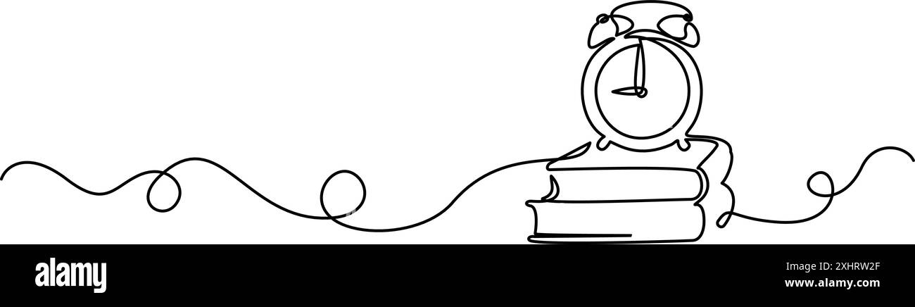 Livres et réveil dans un cadre de ligne ondulée. Concept d'apprentissage de l'éducation et de l'étude. Illustration de Vecteur