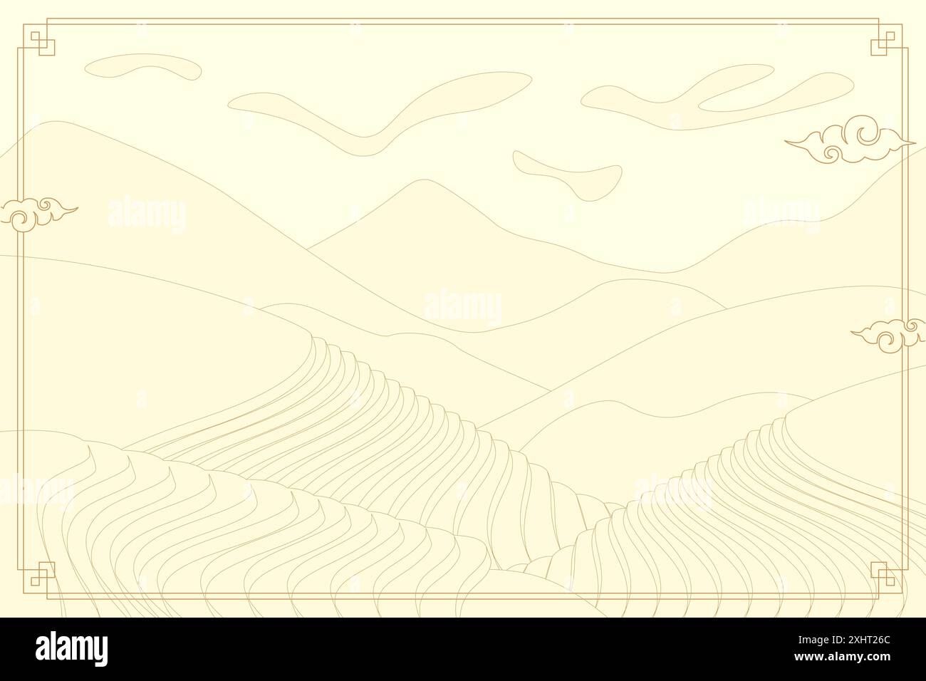 Bannière horizontale pour rizières. Terrasses agricoles chinoises dans le paysage des collines. Paysages de rizières rurales orientales. Configuration de prairie agricole en terrasses. Plantation en cascade agricole asiatique Illustration de Vecteur