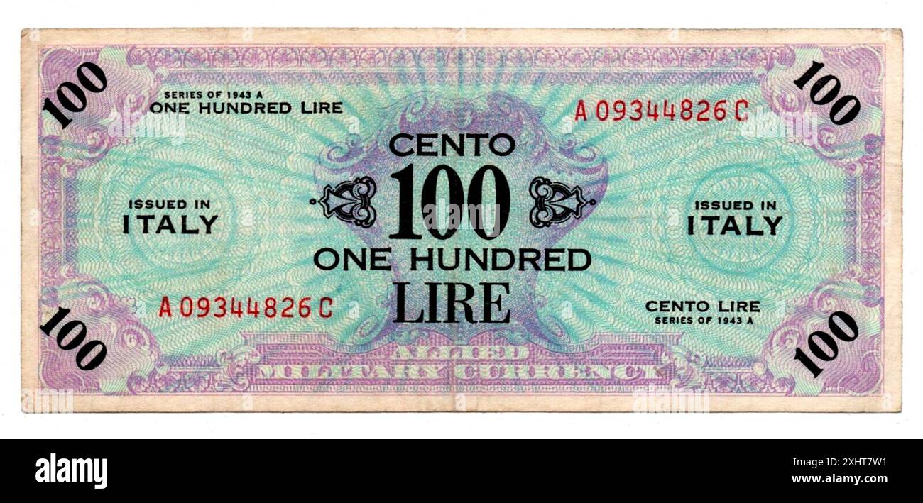 1943, ITALIE : CENT LIRES ( CENTO LIRE 100 ) monnaie militaire alliée utilisée pendant l'occupation militaire de l'Italie . Graveur inconnu . - FOTO STORICHE - HISTOIRE - RICOSTRUZIONE DALLA SECONDA GUERRA MONDIALE - POST DOPOGUERRA - WW2ND - WWII - GUERRE MONDIALE - BANCONOTA - BANCA - SOLDI - MONEY - CARTAMONETA - ANNÉES 1940 - '40 - ANNÉES 40 - ALLIED FORCE - ALLEATI - FORZE ALLEATE - CAMPAGNA D'ITALIA - LIBERAZIONE - RESISTENZA --- Archivio GBB Banque D'Images