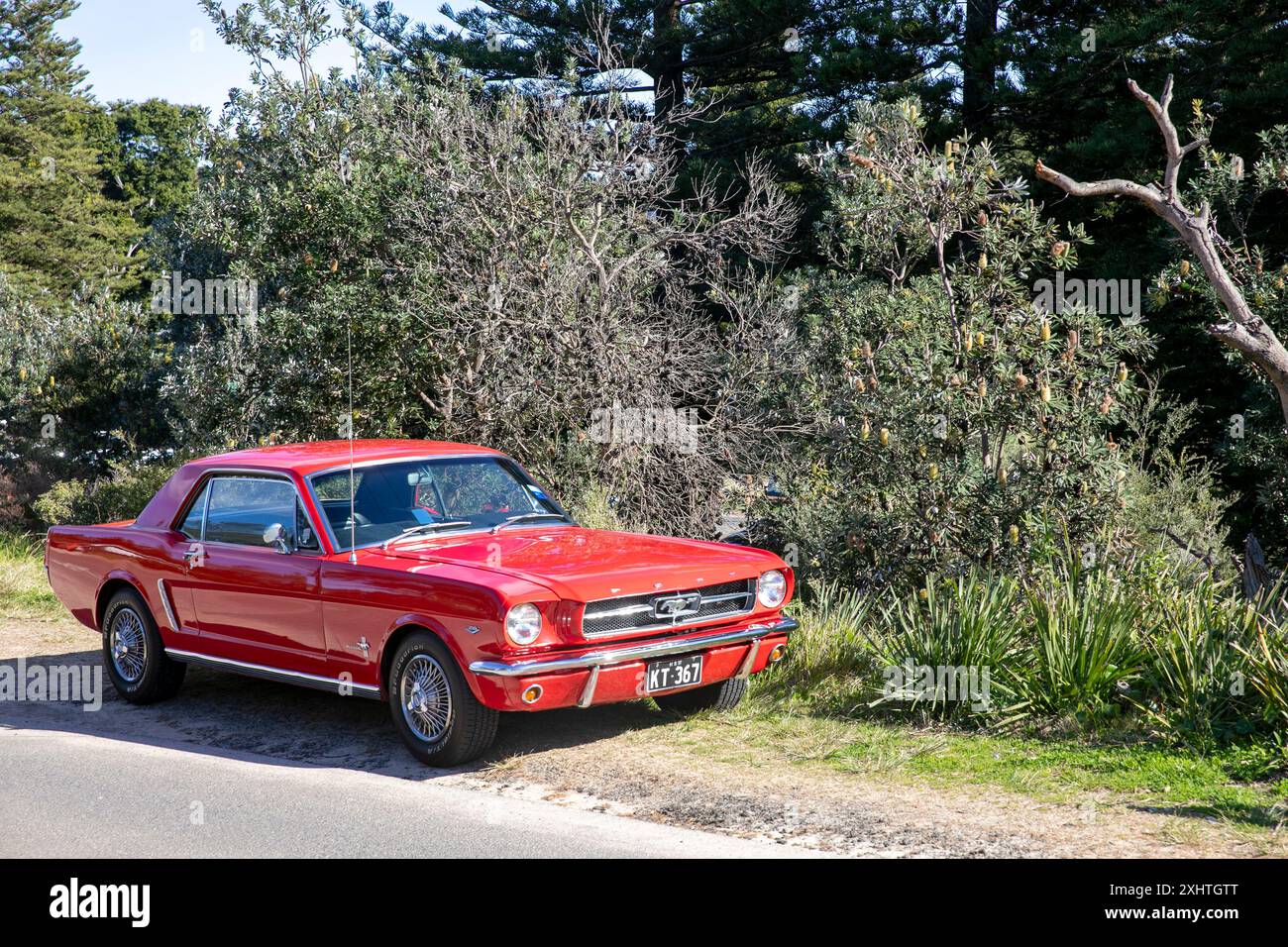 Modèle 1965 rouge Ford Mustang berline voiture de sport garée à Palm Beach, Sydney, NSW, Australie Banque D'Images