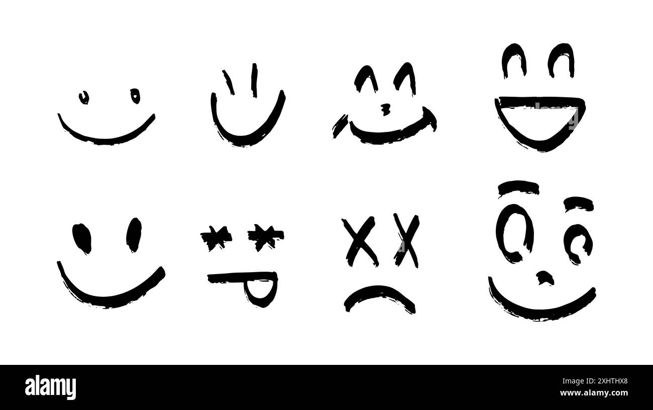 Faces simples. Vecteur Happy Doodle Smile, émoticônes de dessin animé sur fond blanc. Humeur joyeuse et joyeuse Illustration de Vecteur