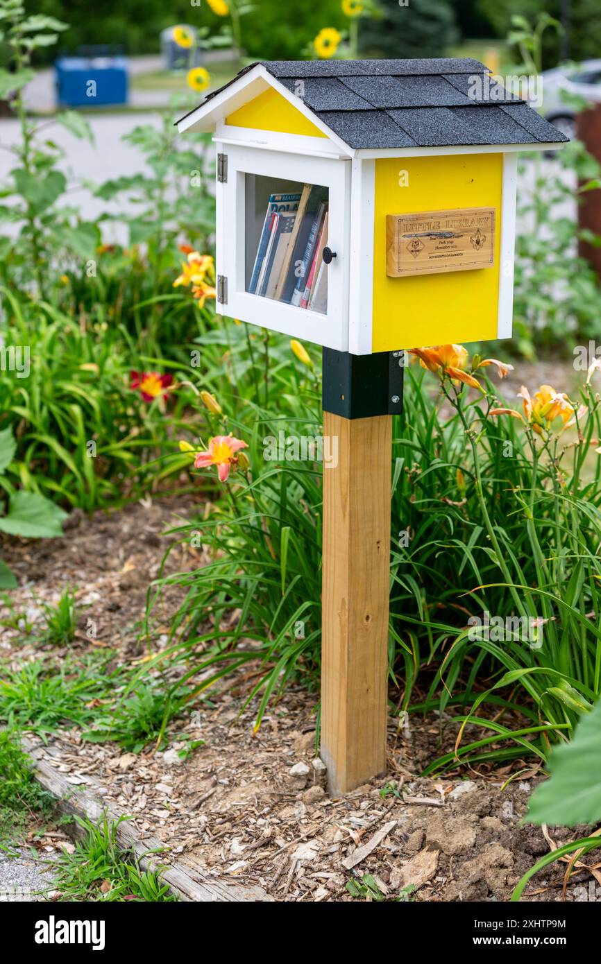 Cette petite bibliothèque a été placée au Metea County Park près de Fort Wayne, Indiana dans le cadre d'un projet scout Bear Cub par les Boy Scouts of America. Banque D'Images