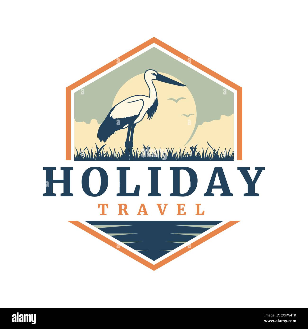 Stork animal Holiday Travel Hexagon Sunrise Sky nature logo Template Illustration de Vecteur