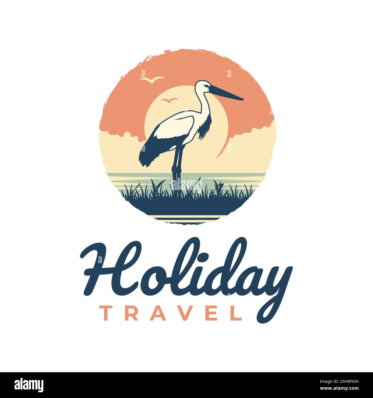 Holiday Travel Stork animal Circle Sun Sunrise Beach Sky logo Template Illustration de Vecteur