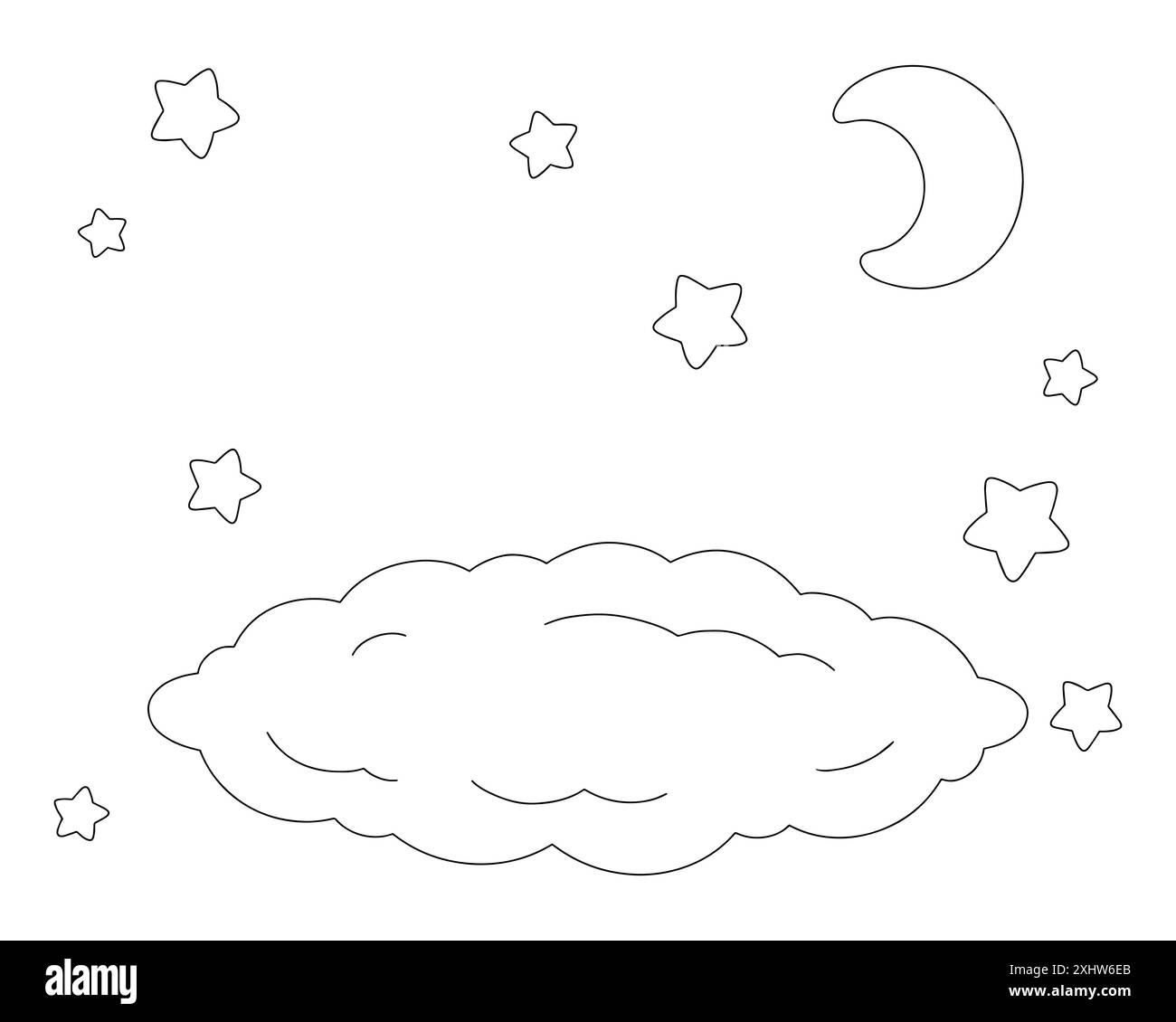 Scène avec nuage et étoiles. Page de livre de coloriage pour les enfants. Style dessin animé. Illustration vectorielle isolée sur fond blanc. Illustration de Vecteur