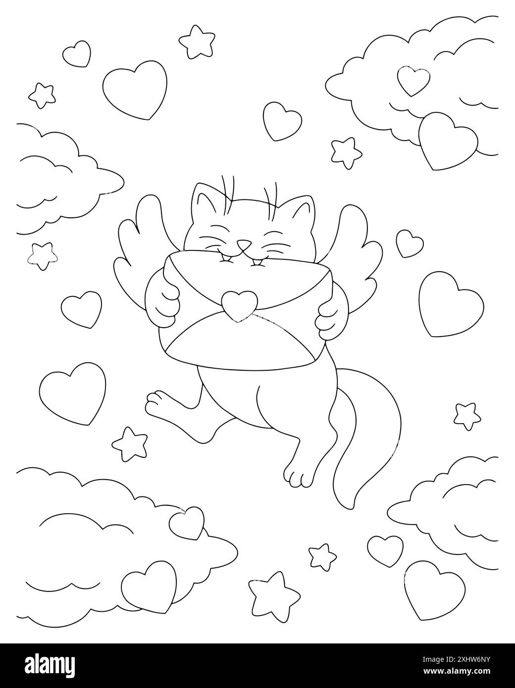 Un chat avec des ailes porte une lettre d'amour. Page de livre de coloriage pour les enfants. Saint Valentin. Personnage de style dessin animé. Illustration vectorielle isolée sur b blanc Illustration de Vecteur
