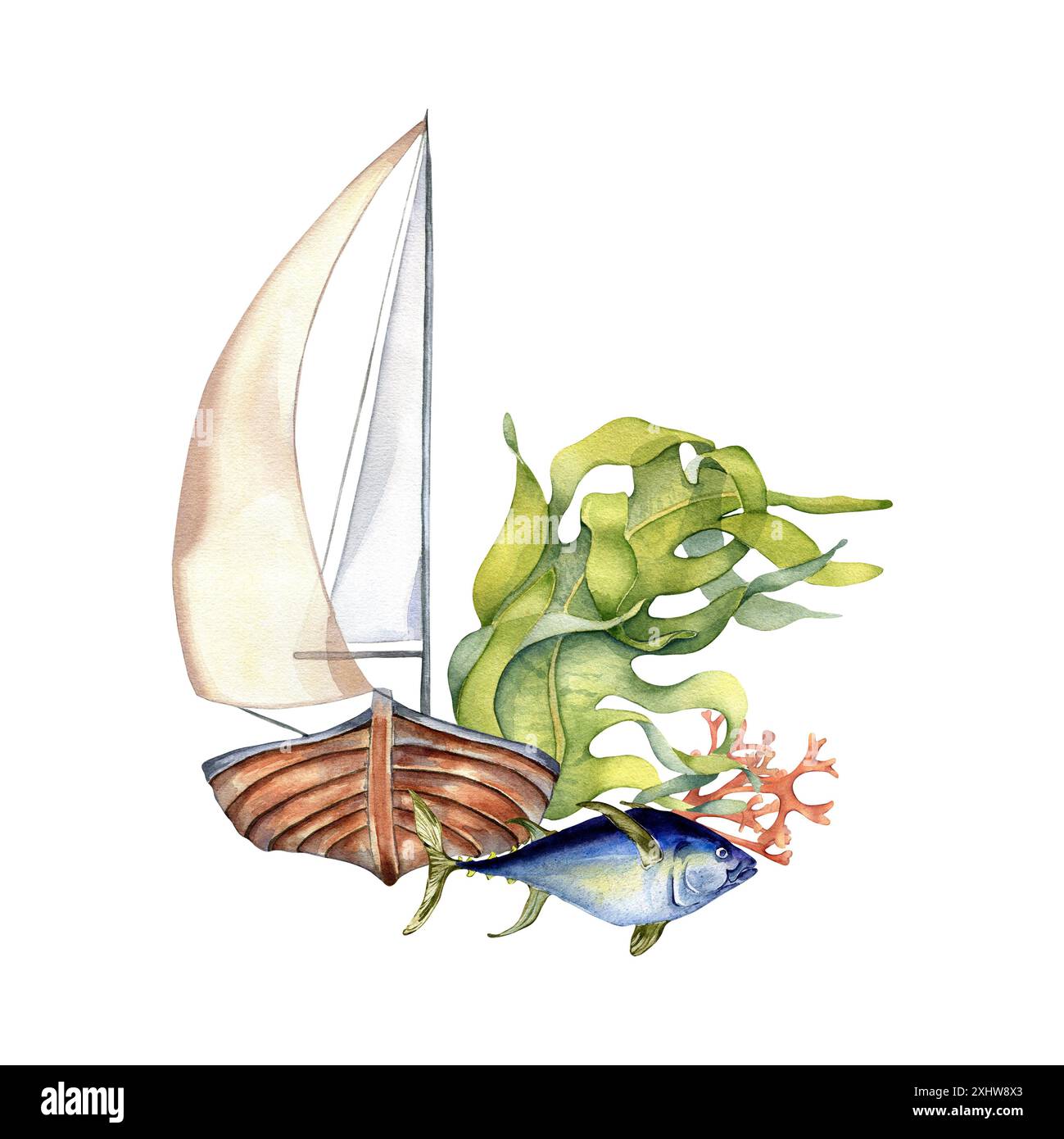 Yacht un mât aquarelle dessinée à la main. Voilier entouré d'algues vertes et de gros poissons thon isolé sur blanc. Illustration maritime et nature Banque D'Images