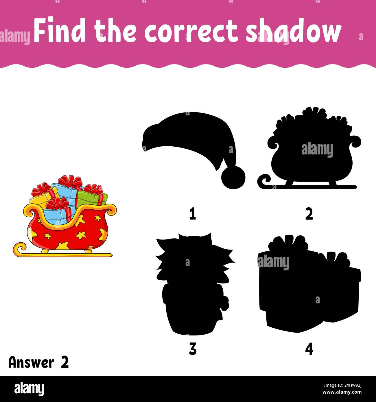 Trouvez l'ombre correcte. Feuille de travail de développement de l'éducation. Thème de Noël. Jeu d'appariement pour enfants. Page activité. Puzzle pour enfants. caricature characte Illustration de Vecteur