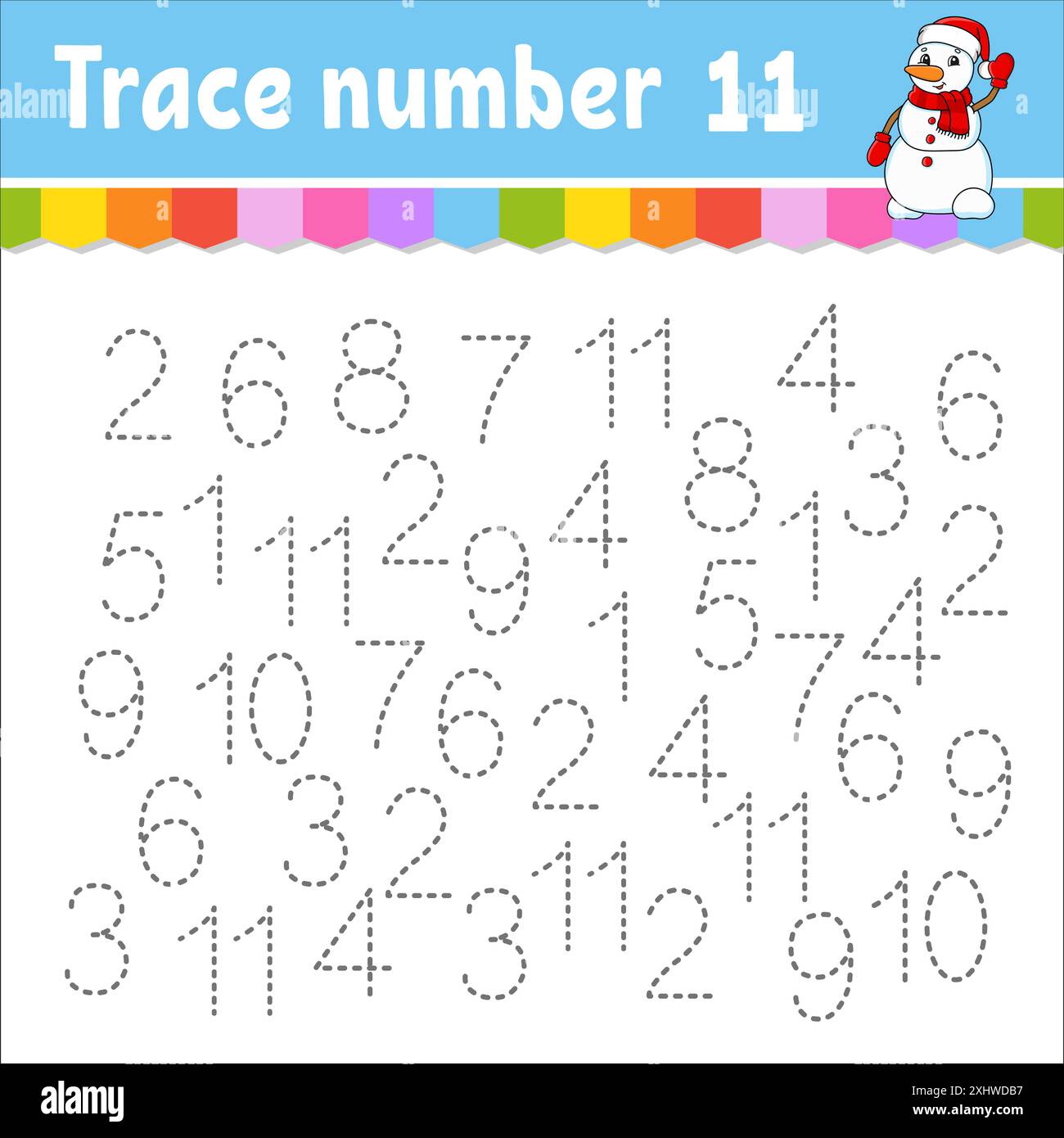 Numéro de trace . Pratique de l'écriture manuscrite. Apprendre des chiffres pour les enfants. Feuille de travail de développement de l'éducation. Page activité. Thème de Noël. Illust vecteur isolé Illustration de Vecteur