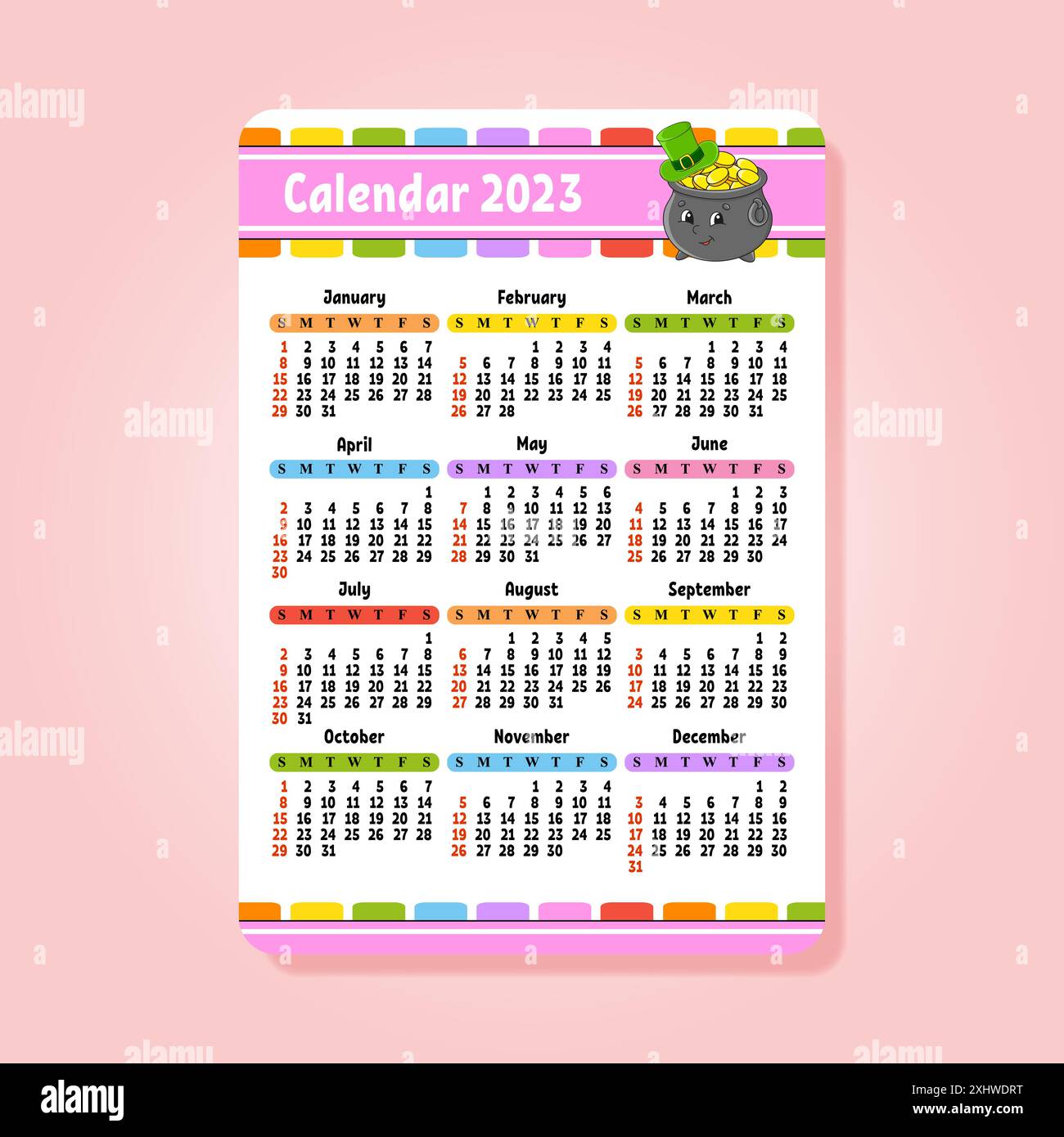 Calendrier pour 2023 avec un personnage mignon. Design amusant et lumineux. Format poche. style dessin animé. Illustration vectorielle. Illustration de Vecteur