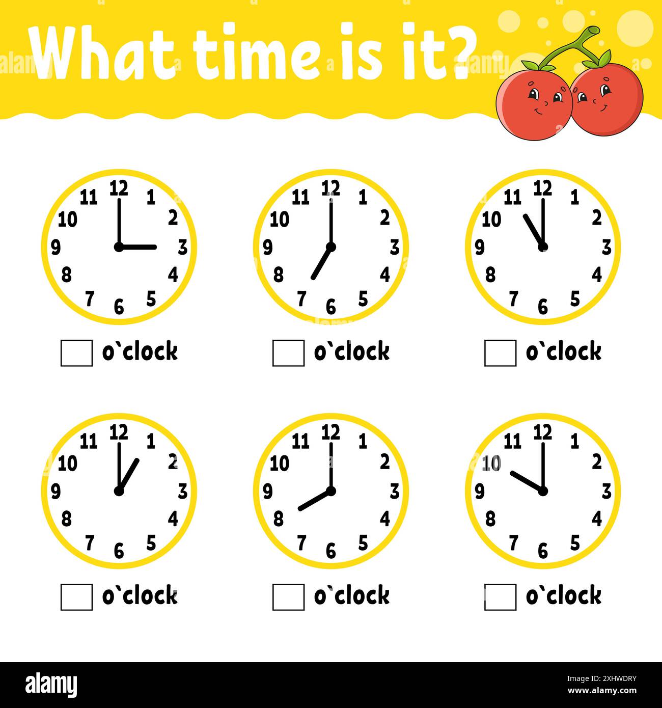 Temps d'apprentissage sur l'horloge. Fiche d'activité éducative pour les enfants et les tout-petits. Jeu pour enfants. Illustration simple à vecteur de couleur isolé à plat dans Illustration de Vecteur