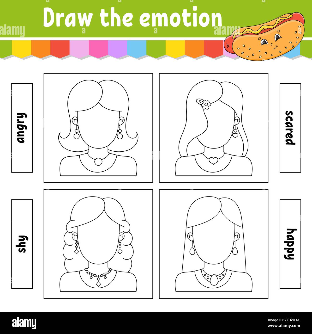 Dessinez l'émotion. Fiche de travail remplir le visage. Livre de coloriage pour enfants. Caractère joyeux. Illustration vectorielle. Silhouette de contour noire. Isolé sur Illustration de Vecteur