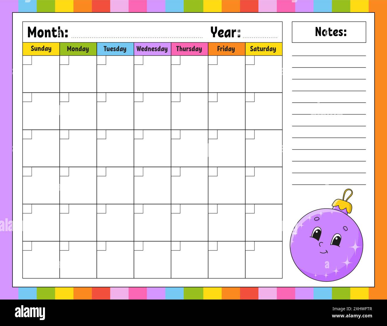 Modèle de calendrier vierge pour un mois sans dates. Design coloré avec un caractère mignon. Illustration vectorielle. Illustration de Vecteur