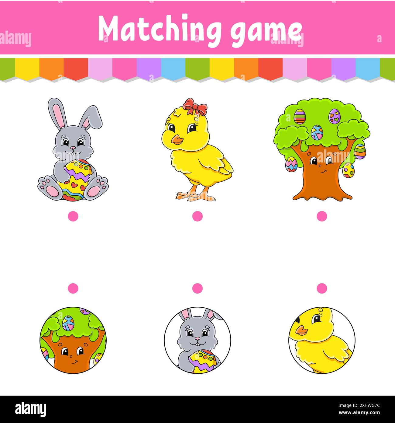 Jeu d'appariement pour enfants. Feuille de travail de développement de l'éducation. Tracez une ligne. Thème de Pâques. Page activité. personnage de dessin animé. Illustration vectorielle. Illustration de Vecteur